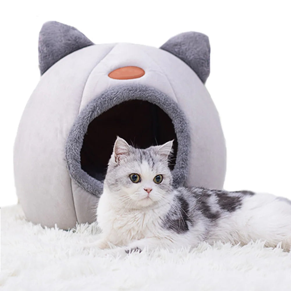 Maison DouceTanière pour chat et petit chien, en peluche douce, design semi-fermé et coussin amovible, parfaite pour un confort optimal et un look élégant.