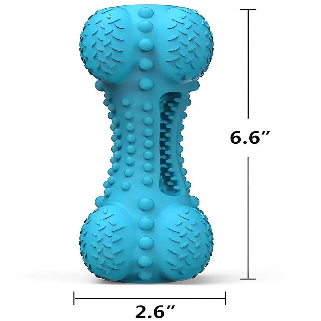 Chien jouant avec l'os en caoutchouc BrushiBone, durable et équipé d'une brosse à dents intégrée pour nettoyer les dents et masser les gencives.