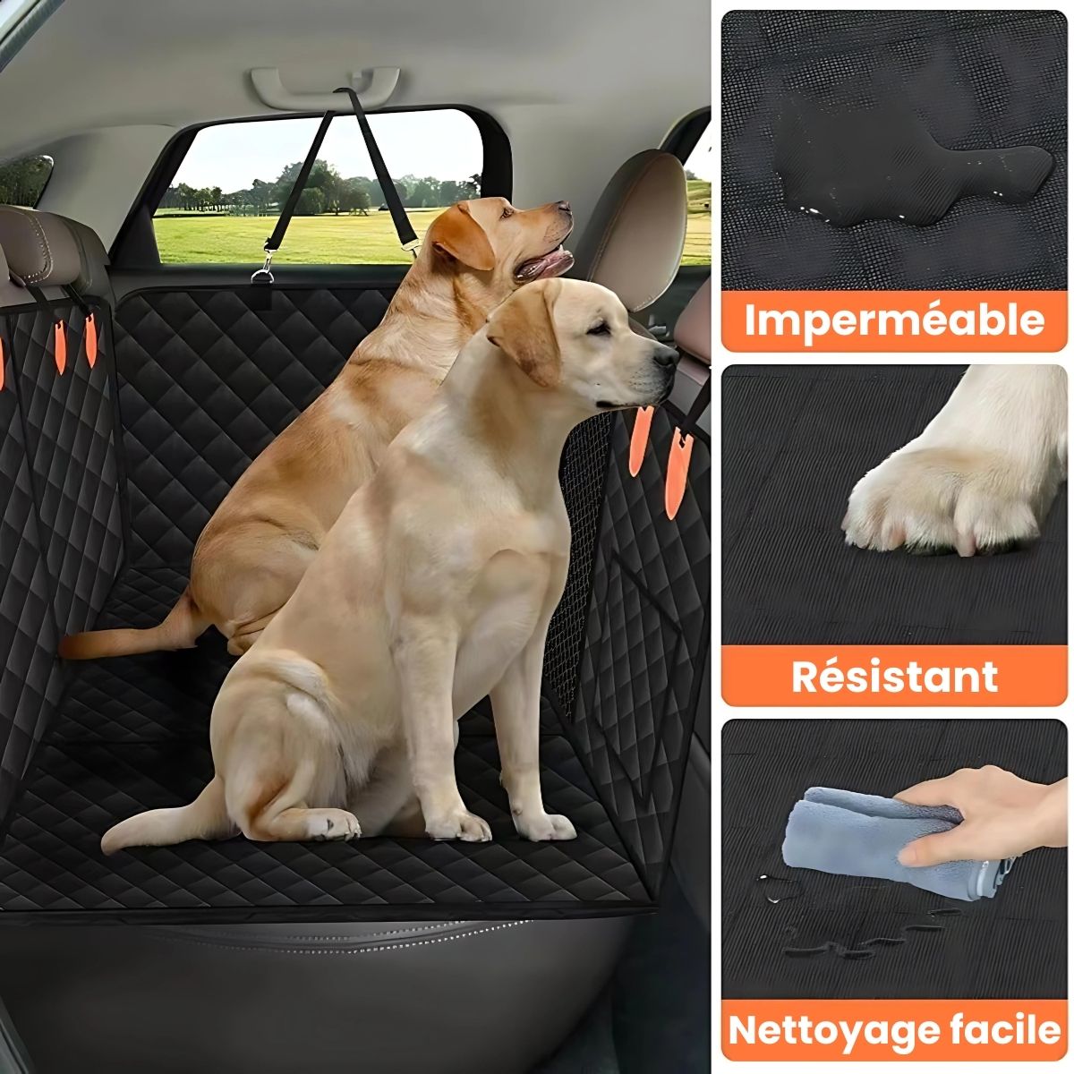 Housse de siège auto CarProtect pour chien, en tissu Oxford imperméable, avec fond rigide, fenêtre en maille, et base antidérapante, pour des trajets confortables et sécurisés.