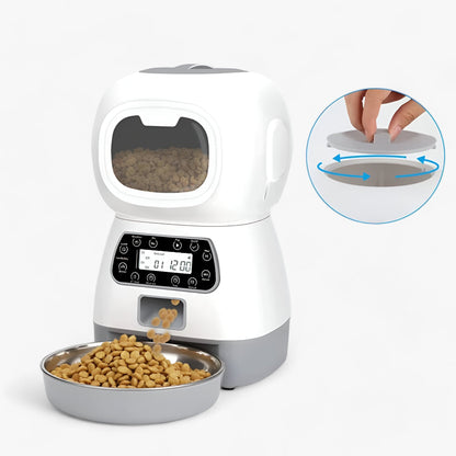 Distributeur automatique SmartFeeder pour animaux, avec minuteur programmable et message vocal personnalisé. Grande capacité de stockage et nettoyage facile.