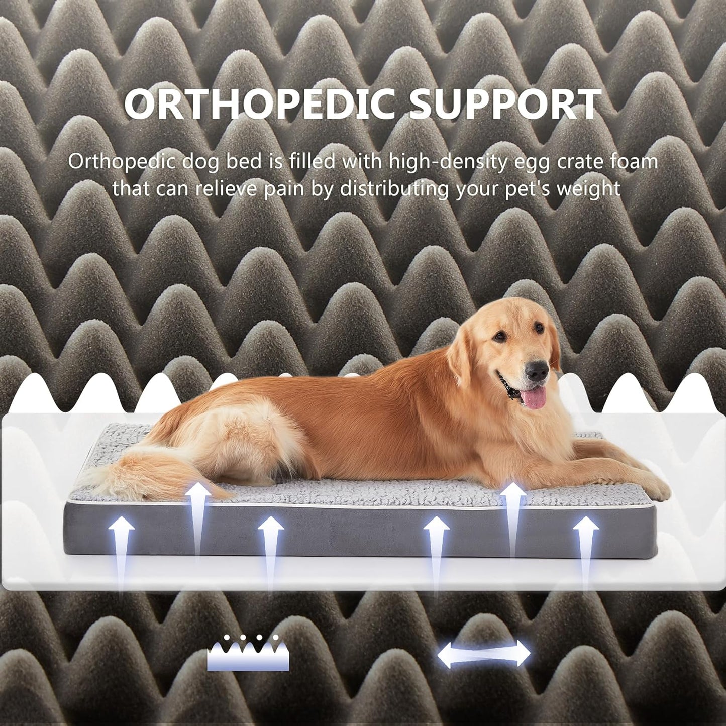 Chien de grande taille se reposant confortablement sur le lit orthopédique OrthoMax, avec mousse en relief pour un soutien optimal et housse imperméable.