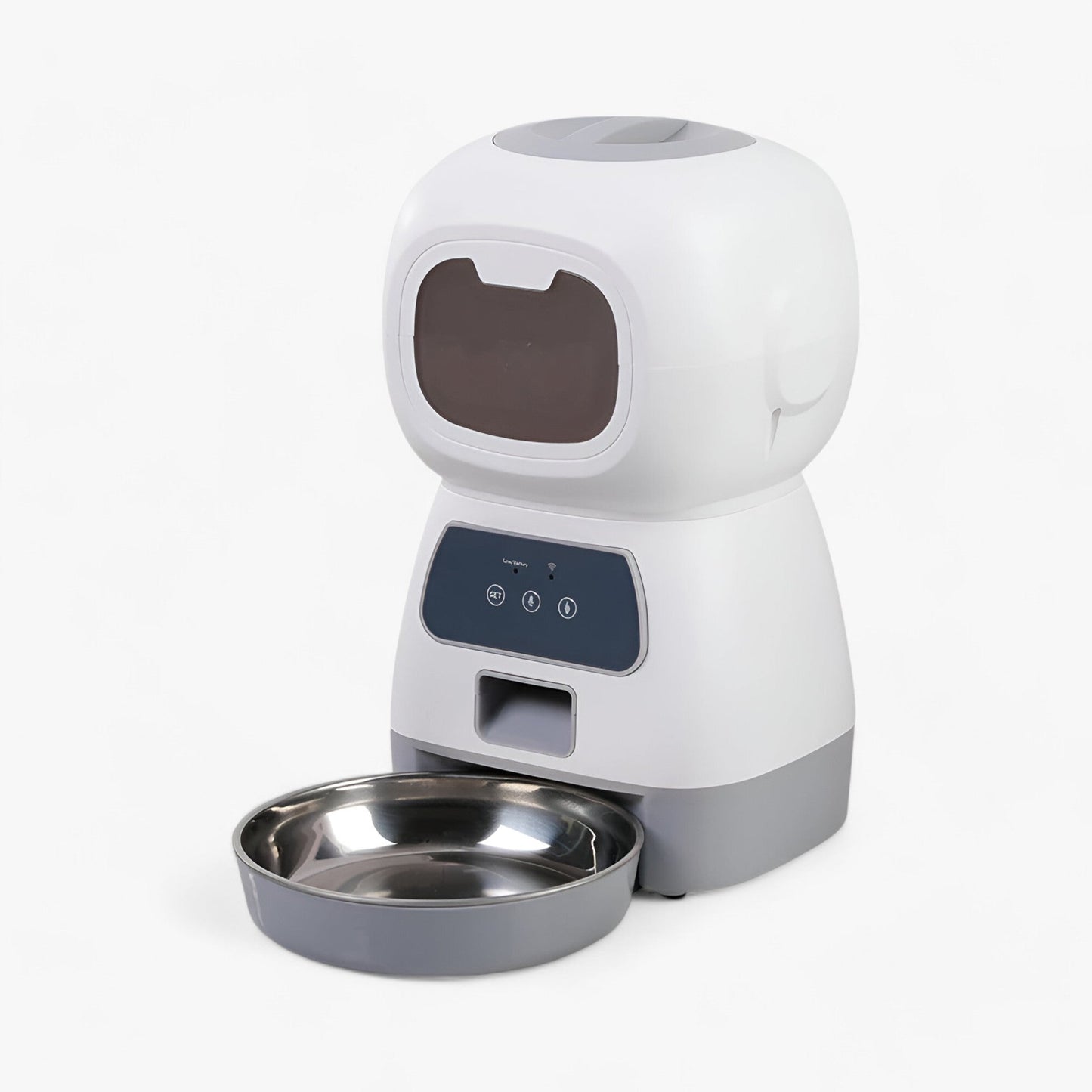 Distributeur automatique SmartFeeder pour animaux, avec minuteur programmable et message vocal personnalisé. Grande capacité de stockage et nettoyage facile.