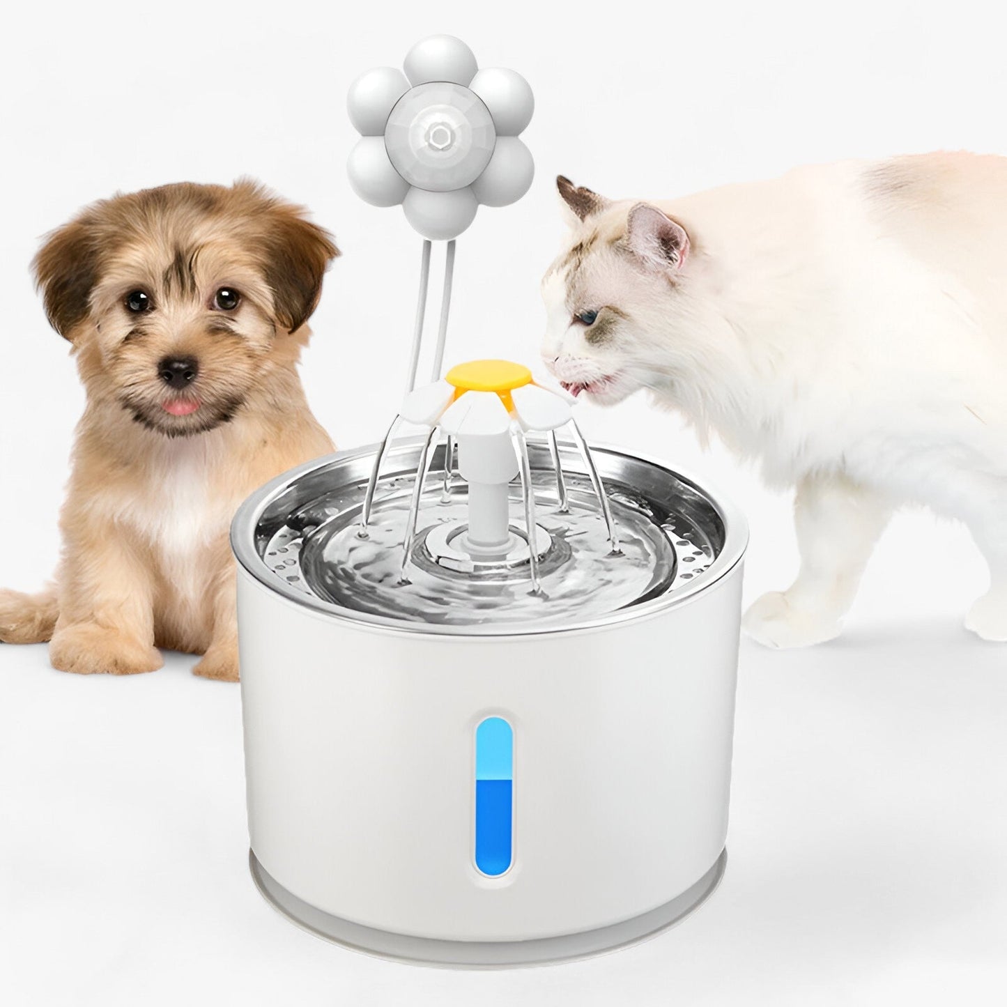 Fontaine à eau automatique AquaFlow pour animaux, flux d'eau apaisant et filtré, encourageant une hydratation optimale, sans BPA et silencieuse.