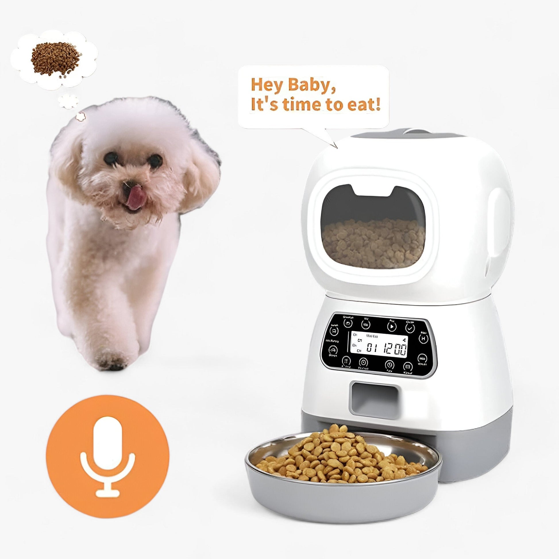 Distributeur automatique SmartFeeder pour animaux, avec minuteur programmable et message vocal personnalisé. Grande capacité de stockage et nettoyage facile.