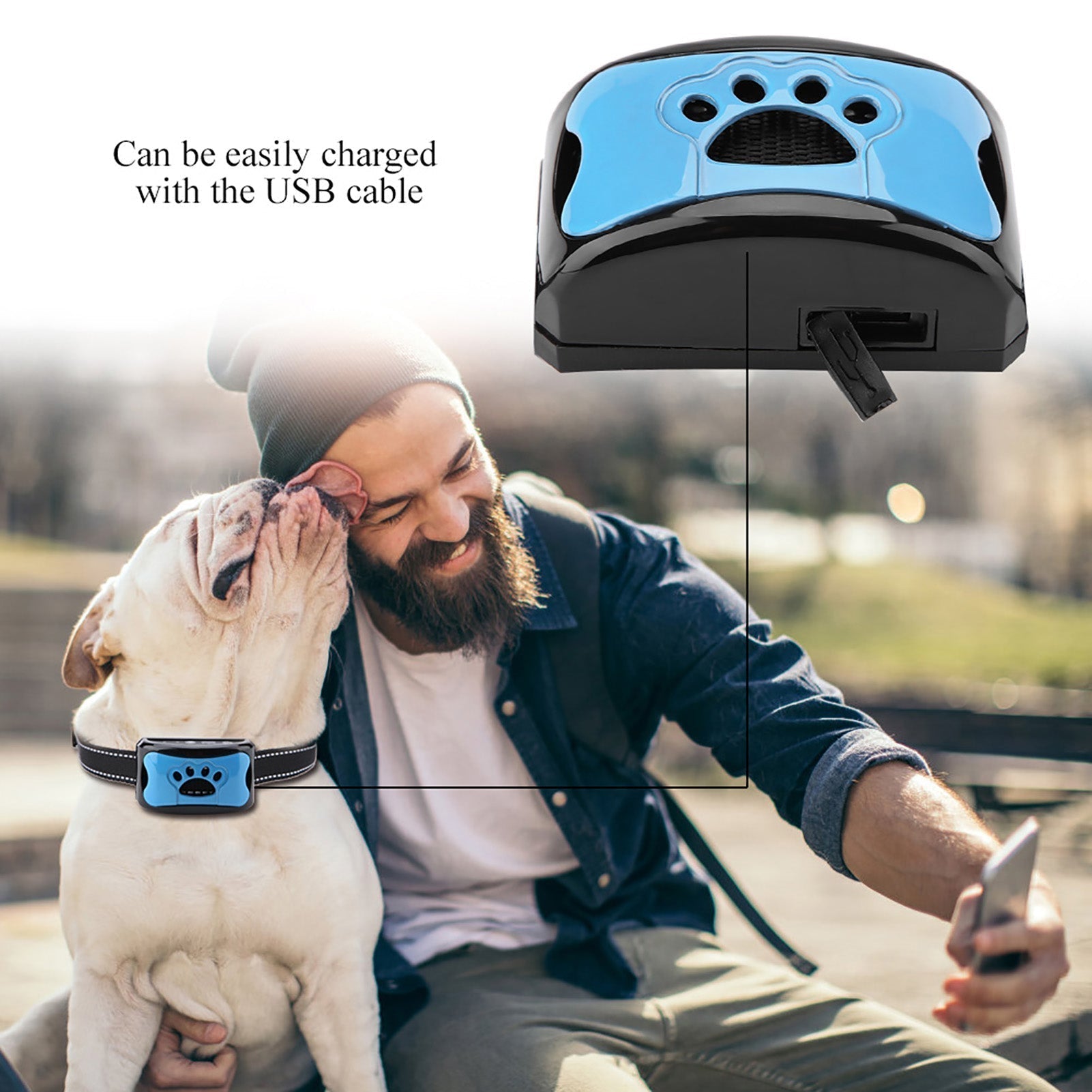 Collier anti-aboiement BarkControl pour chien, avec technologie de vibrations et ultrasons, sans douleur, ajustable et rechargeable par USB.