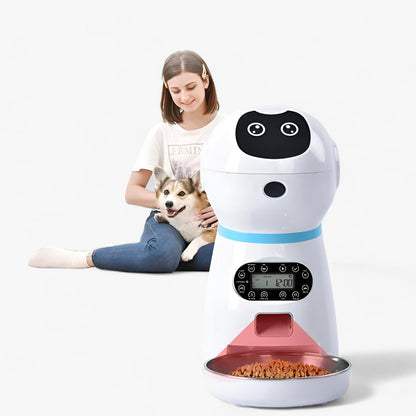 Distributeur automatique SmartFeeder pour animaux, avec minuteur programmable et message vocal personnalisé. Grande capacité de stockage et nettoyage facile.