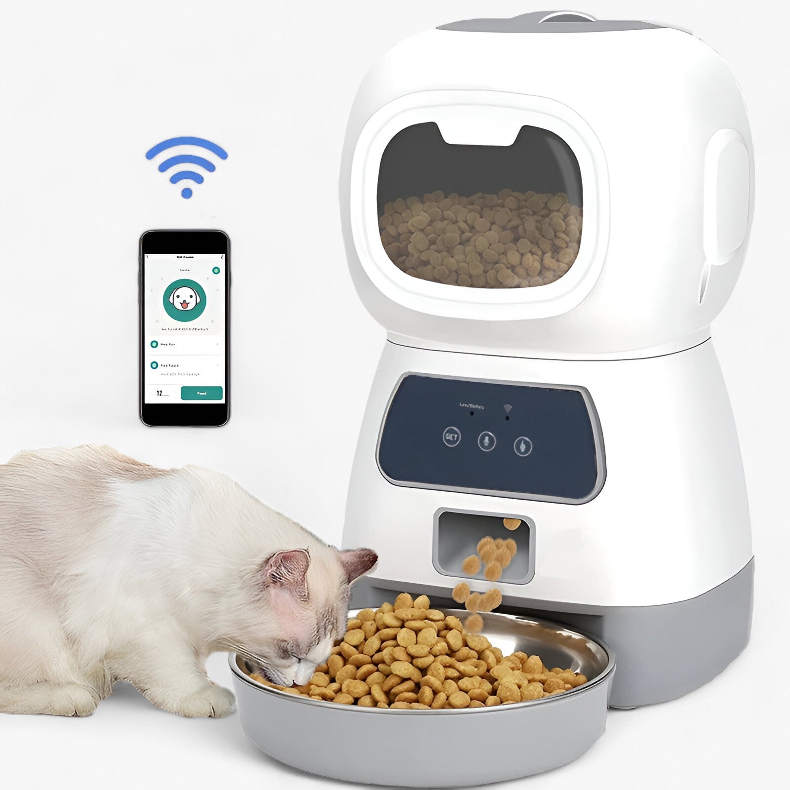 Distributeur automatique SmartFeeder pour animaux, avec minuteur programmable et message vocal personnalisé. Grande capacité de stockage et nettoyage facile.