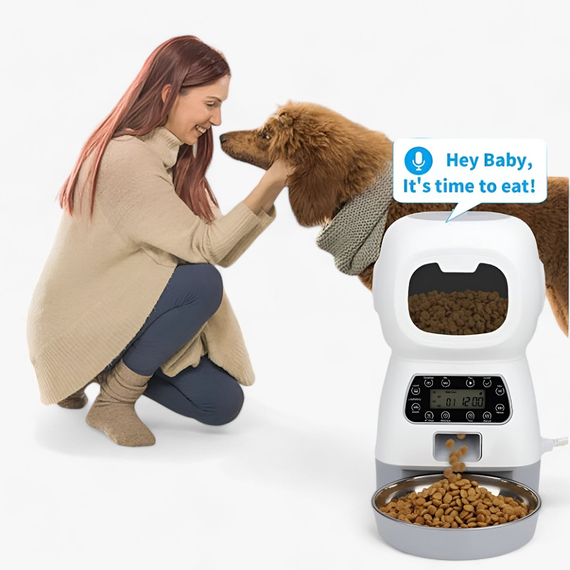 Distributeur automatique SmartFeeder pour animaux, avec minuteur programmable et message vocal personnalisé. Grande capacité de stockage et nettoyage facile.