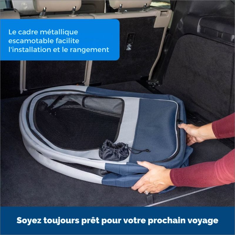 Sac de voyage TravelMate, cadre en aluminium, coussin imperméable et poches de rangement, parfait pour les trajets en voiture.