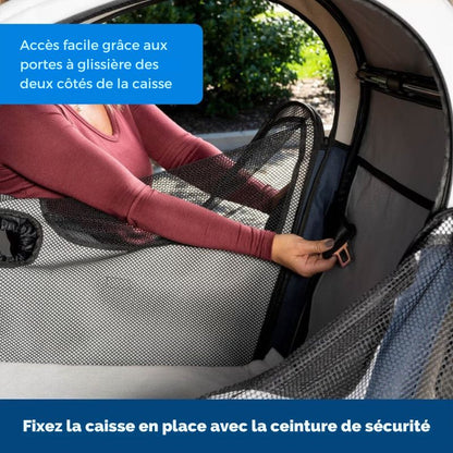 Sac de voyage TravelMate, cadre en aluminium, coussin imperméable et poches de rangement, parfait pour les trajets en voiture.