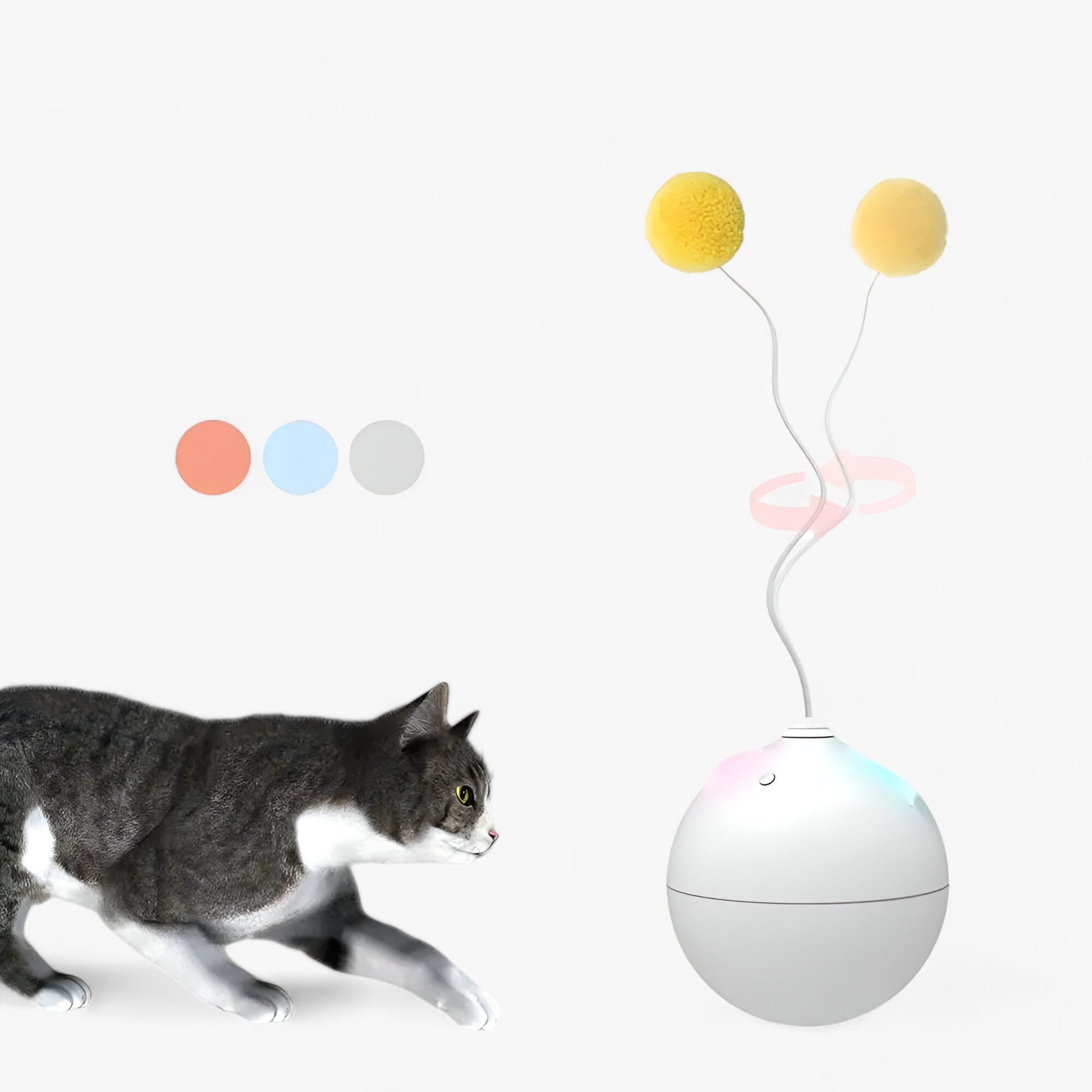 Balle jouet automatique PurrChase pour chat, se déplace de manière imprévisible, robuste et sécurisée, idéale pour stimuler l'activité et la chasse.