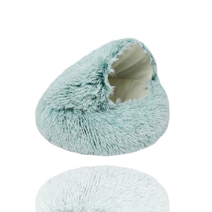 Lit SnugDen pour animaux en forme de grotte, doublure en peluche douce et lavable, idéal pour chiens et chats.