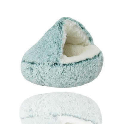 Lit SnugDen pour animaux en forme de grotte, doublure en peluche douce et lavable, idéal pour chiens et chats.