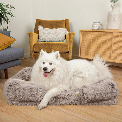 Chien couché sur le coussin orthopédique DoggyDream, moelleux et confortable, avec bord relevé pour un soutien optimal et un effet cocon.